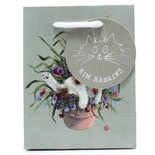 Load image into Gallery viewer, Kim Haskins Floral Cat in Plant Pot Green Gift Bag - Small
