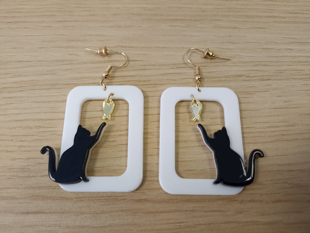 Cat & Fish Frame Dangle Earrings