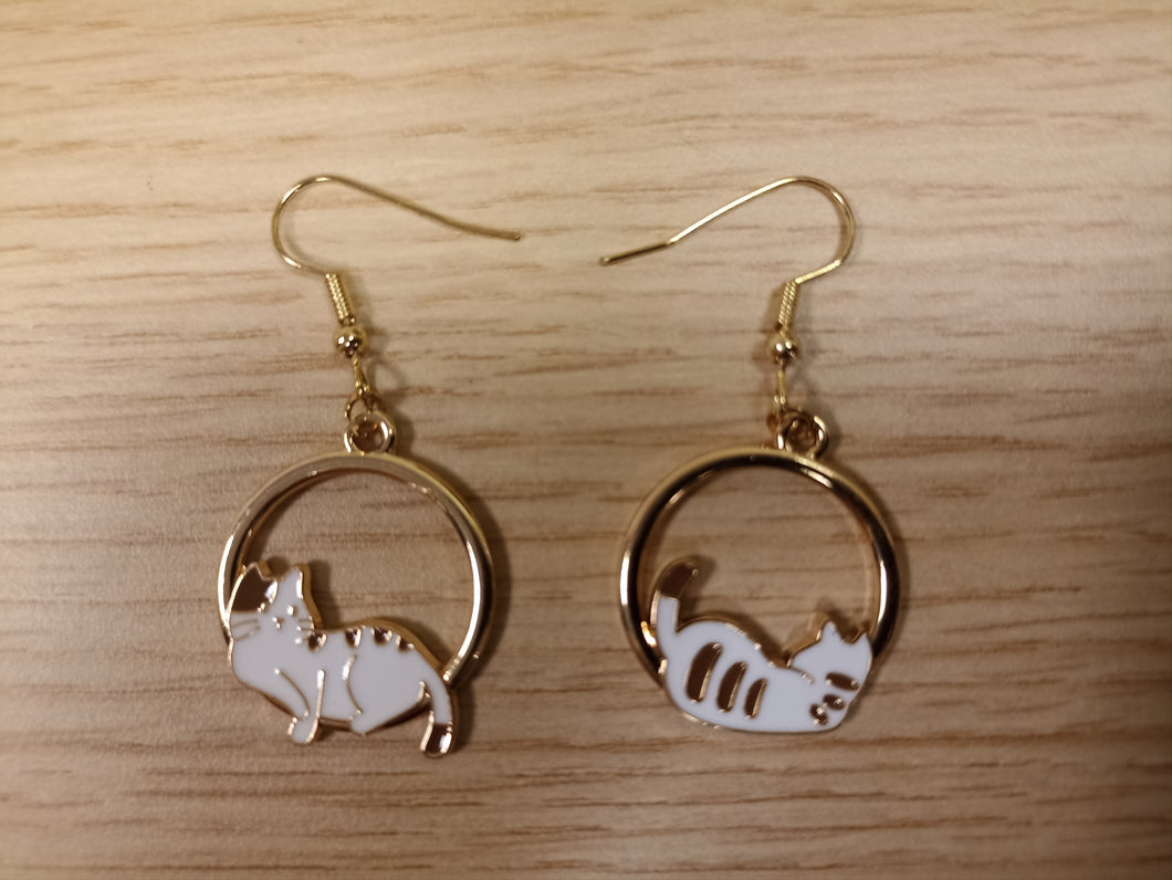 Gold Ring Cat Dangle Earrings