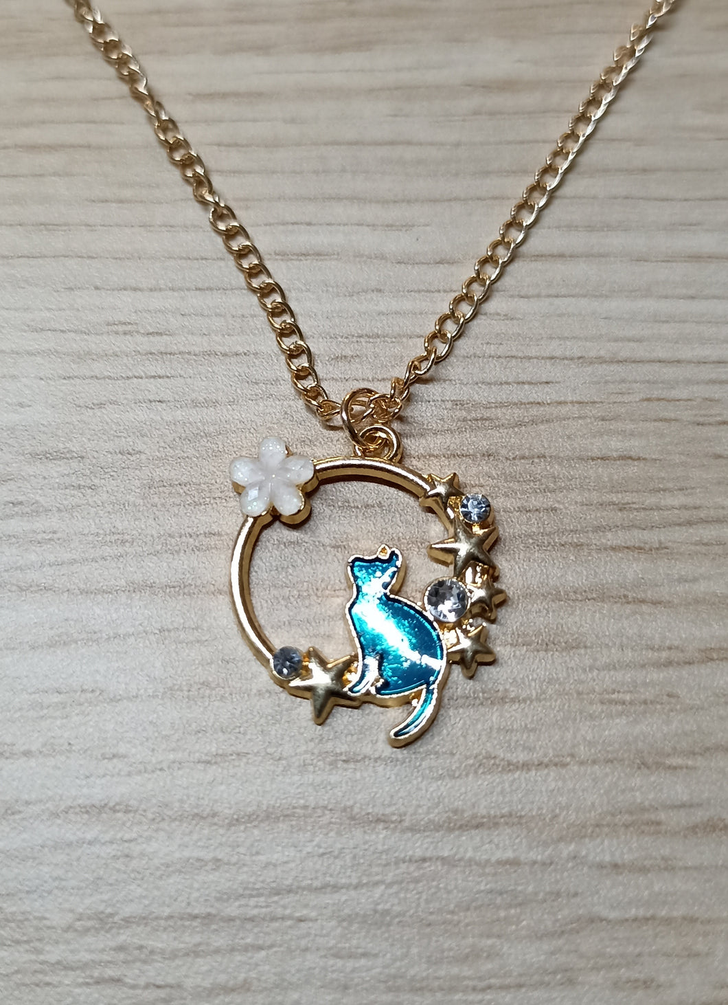 Cat, stars and flower ring necklace