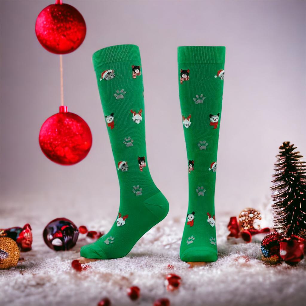 Green Cat Christmas Socks