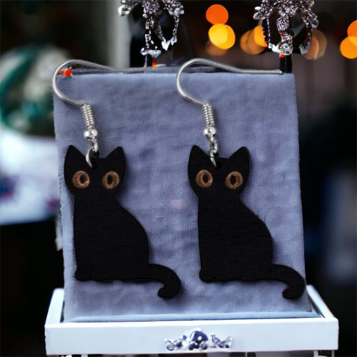 Wooden Black Cat Dangle Earrings