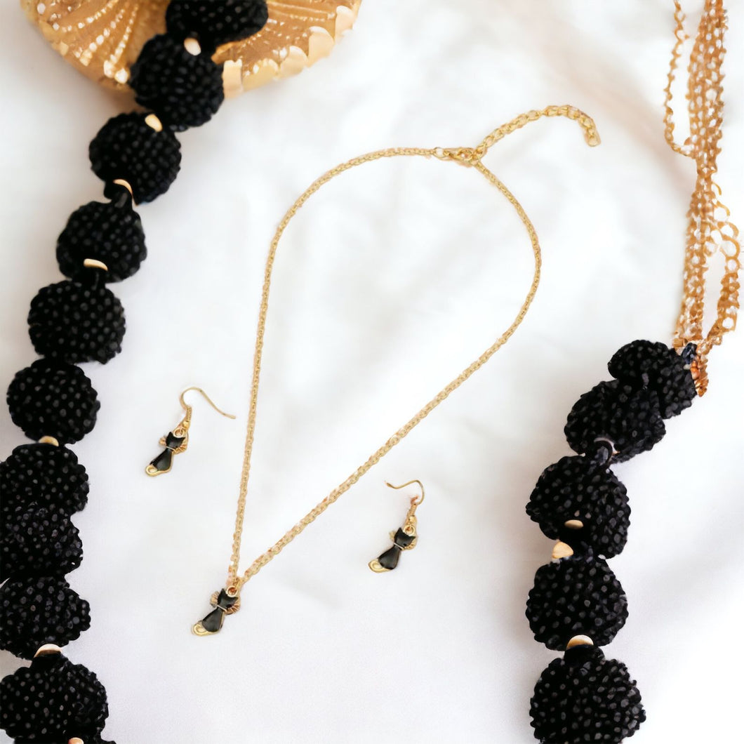 Necklace & Earrings Set - Black Cat with Gold Trim