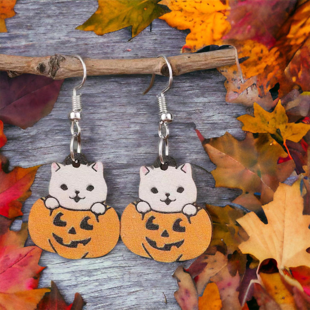 Cat in Pumpkin Dangle Earrings