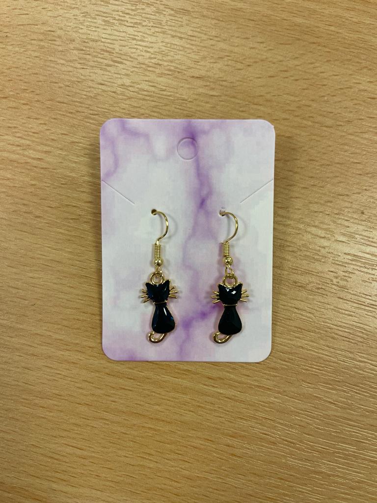 Black Cat Dangle Earrings with Gold Details