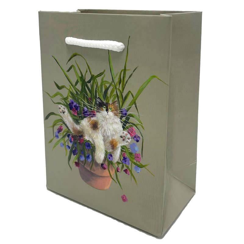 Kim Haskins Floral Cat in Plant Pot Green Gift Bag - Small
